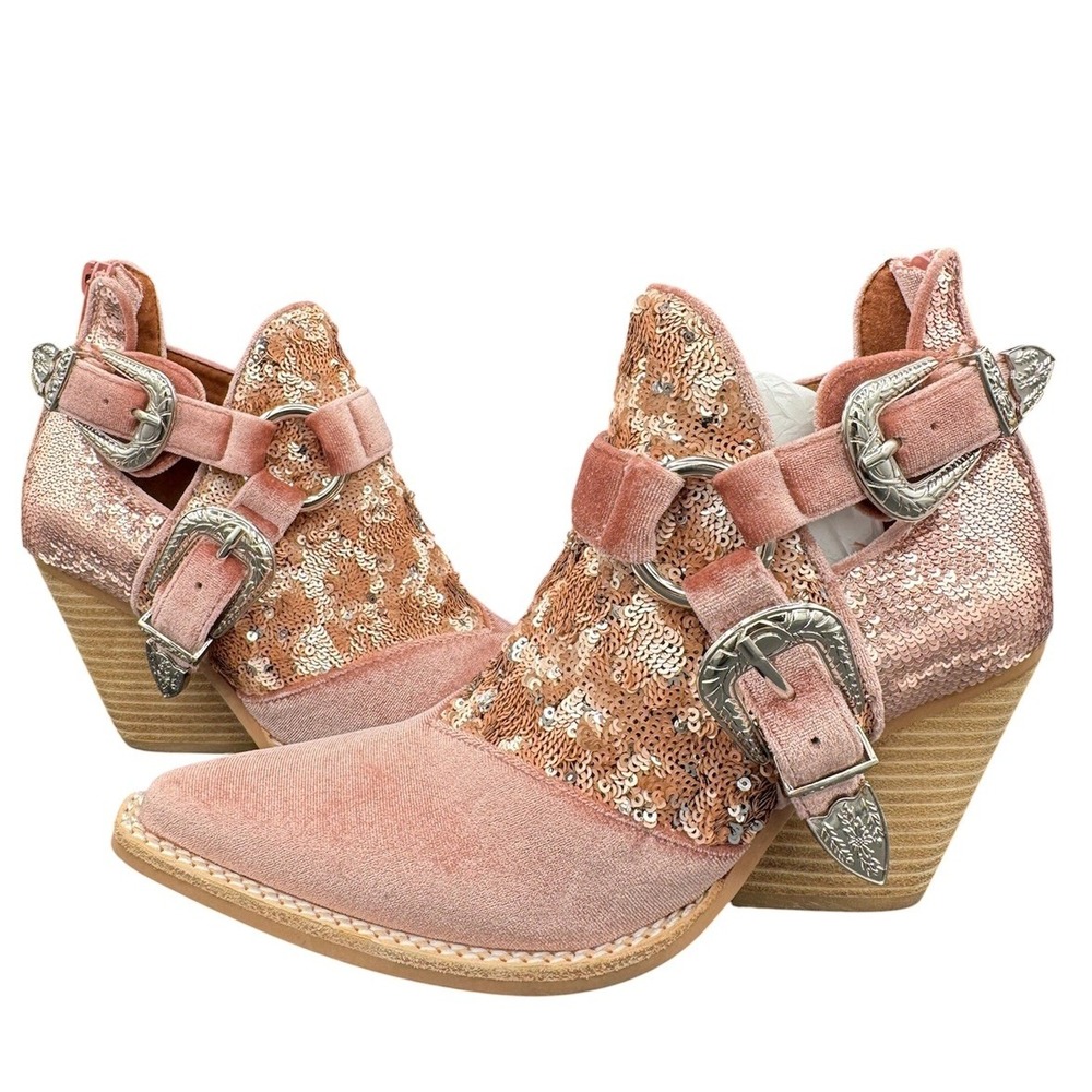 Jeffrey Campbell x Free People Beowulf Pink Sequin Velvet Booties Sz 6 Western